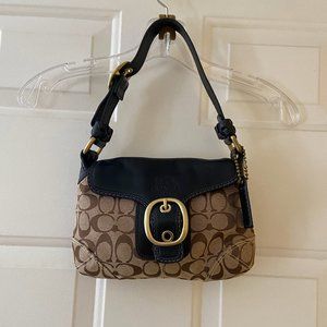 Small Brown Coach Baguette Bag In Signature Canvas Flap Buckle Signature Purse